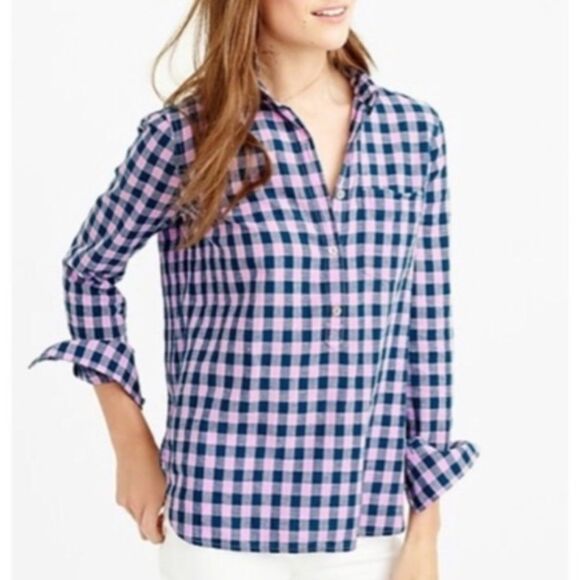 J. Crew Tops - J.Crew Bright Lilac & Aqua Gingham Check Popover 0